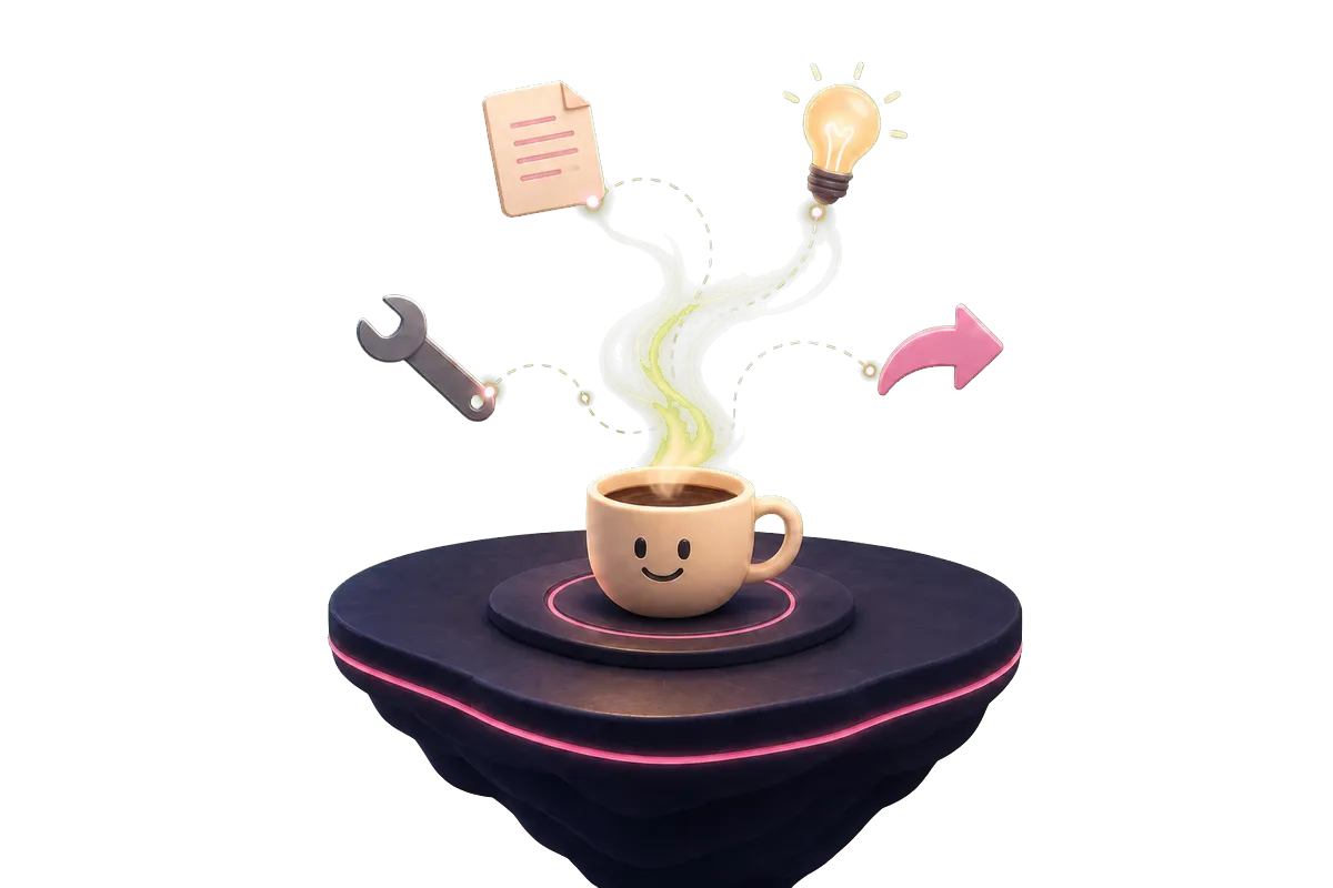A friendly coffee cup on a floating neon platform, with steam connecting to a note, light bulb, wrench and share arrow