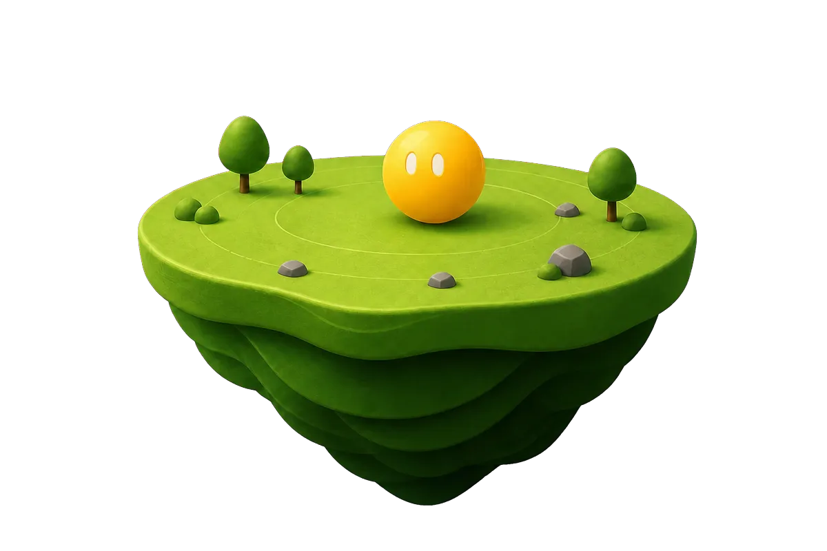 A polished three-dimensional floating green island with the friendly yellow FelixSandbox sphere, trees, rocks and glowing orbital paths